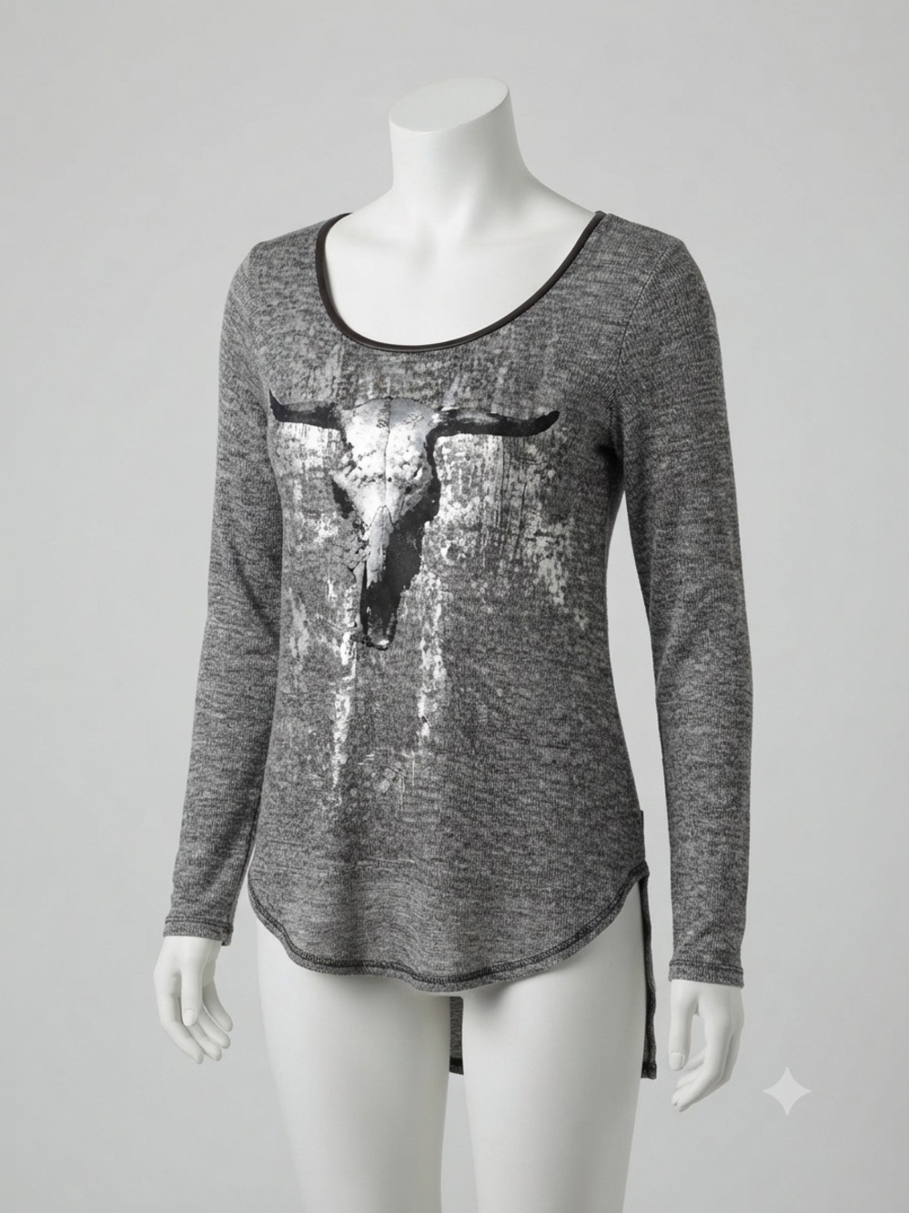 Rock & Republic Gray Metallic Bull Skull Faux Leather Cross Back Sweater S